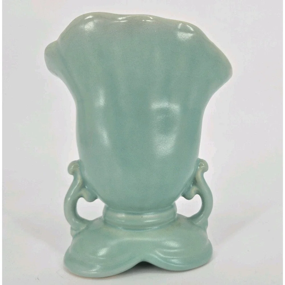 Vintage Weller Cameo Rose Vase Aqua Green White Floral Double Handle 7 In Deco